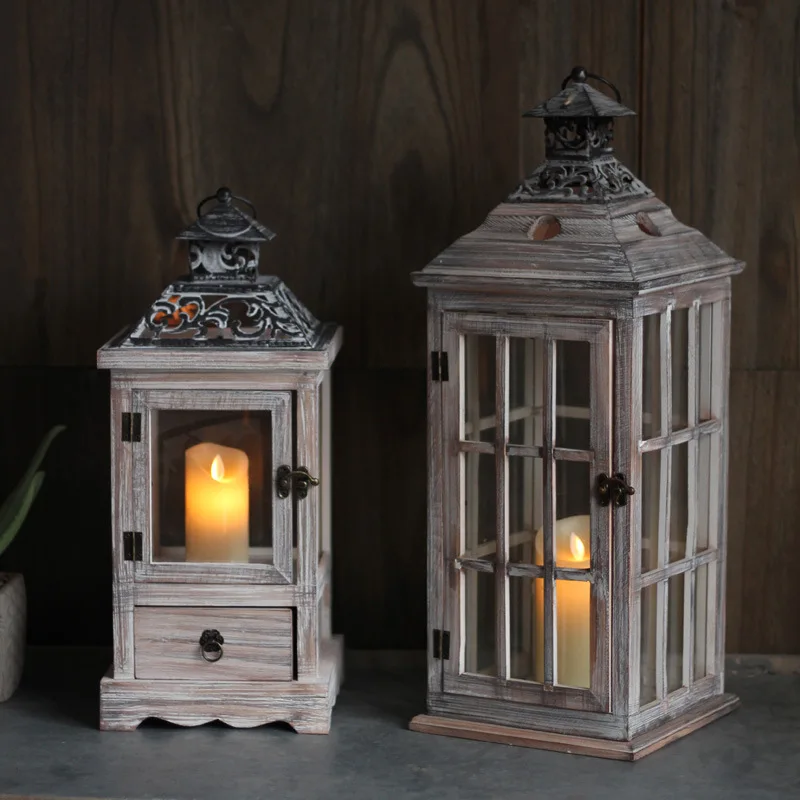Collectible Vintage Lamps - Vintage drewniana szklana lampa wiatrowa, żelazny